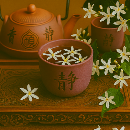 Jasmine flowers float in a mug of tea on a hand carved wooden tray representing Brewed Jasmine fragrance oil.