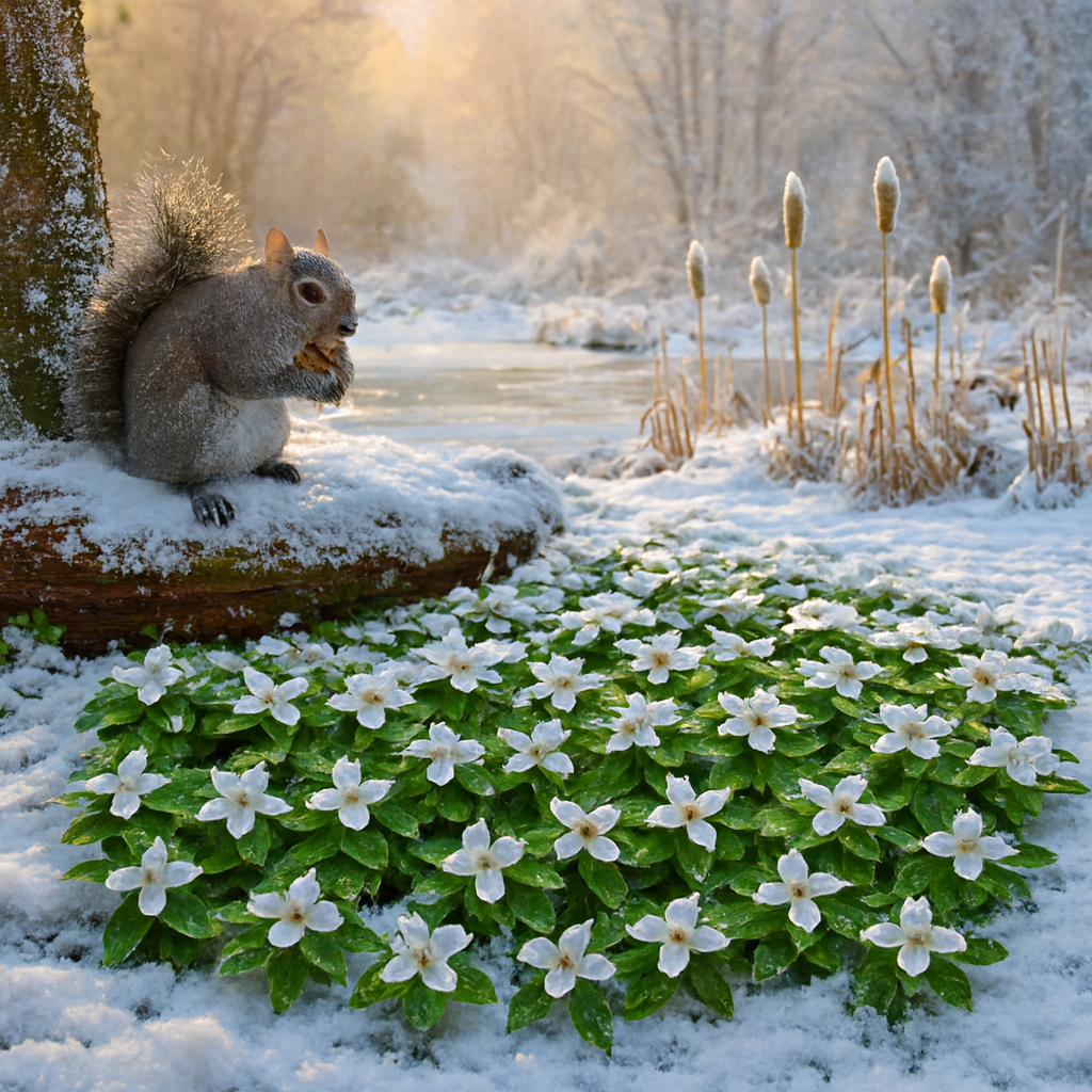  Gray squirrel perched on a mossy log in a snowy spring forest, surrounded by bunchberry plants with four white petals and green leaves; frozen bog and cattails in the misty background under golden sunlight — a serene woodland moment captured for our fragrance oil inspired by nature’s quiet bloom.