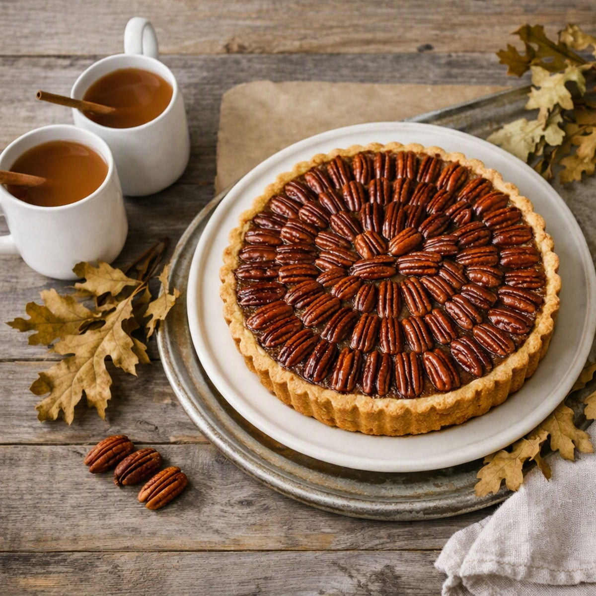 A large pecan pie on a white plate with a rustic metal charger plate, styled on a wooden table with two white mugs of coffee, scattered autumn leaves, and loose pecans. Smells like Butter Pecan Pie Fragrance Oil from Northstar.