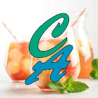 Two glasses of a peach-colored drink with straws and a mint leaf, featuring the 'CA' logo that depict the scent fresca melonade