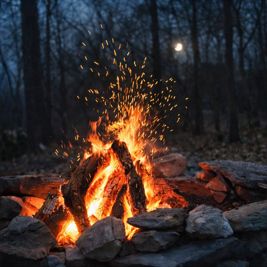 Roaring campfire giving off sparks under a small moon in the forest.  This is what Campfire fragrance oil smells like.