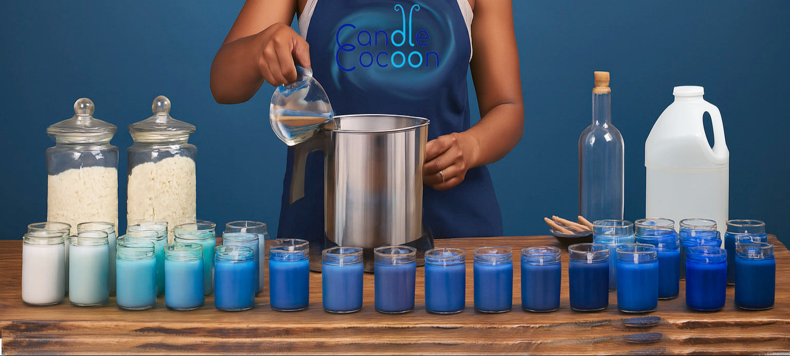 Person in a blue apron with Candle Cocoon logo pouring fragrance oils  into a candle pot with various containers and bottles on a table.