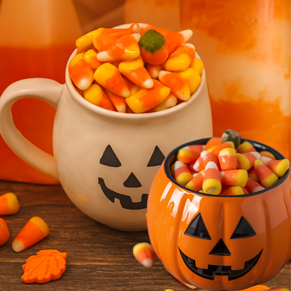 White ceramic jack-o’-lantern mug filled with vibrant candy corn and pumpkin-shaped candies, surrounded by scattered pieces on a rustic wooden surface. Warm autumn lighting and layered orange candles in the background evoke the sweet, nostalgic scent of Candy Corn Fragrance Oil — a cozy blend of vanilla, honey, and buttery caramel.
