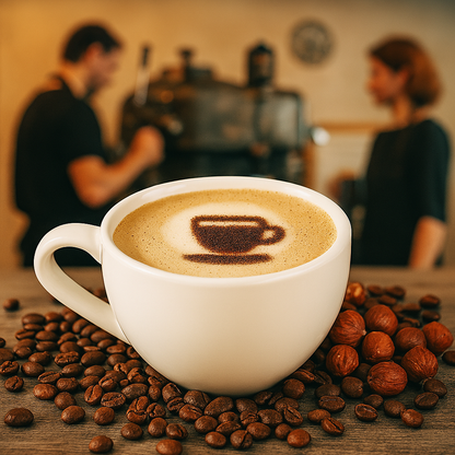 White cappuccino mug with creamy foam art of a coffee cup, surrounded by scattered coffee beans and roasted hazelnuts on a café counter; blurred background features baristas and a vintage espresso machine. Represents the warm, nutty aroma of Cappuccino Hazelnut fragrance oil.