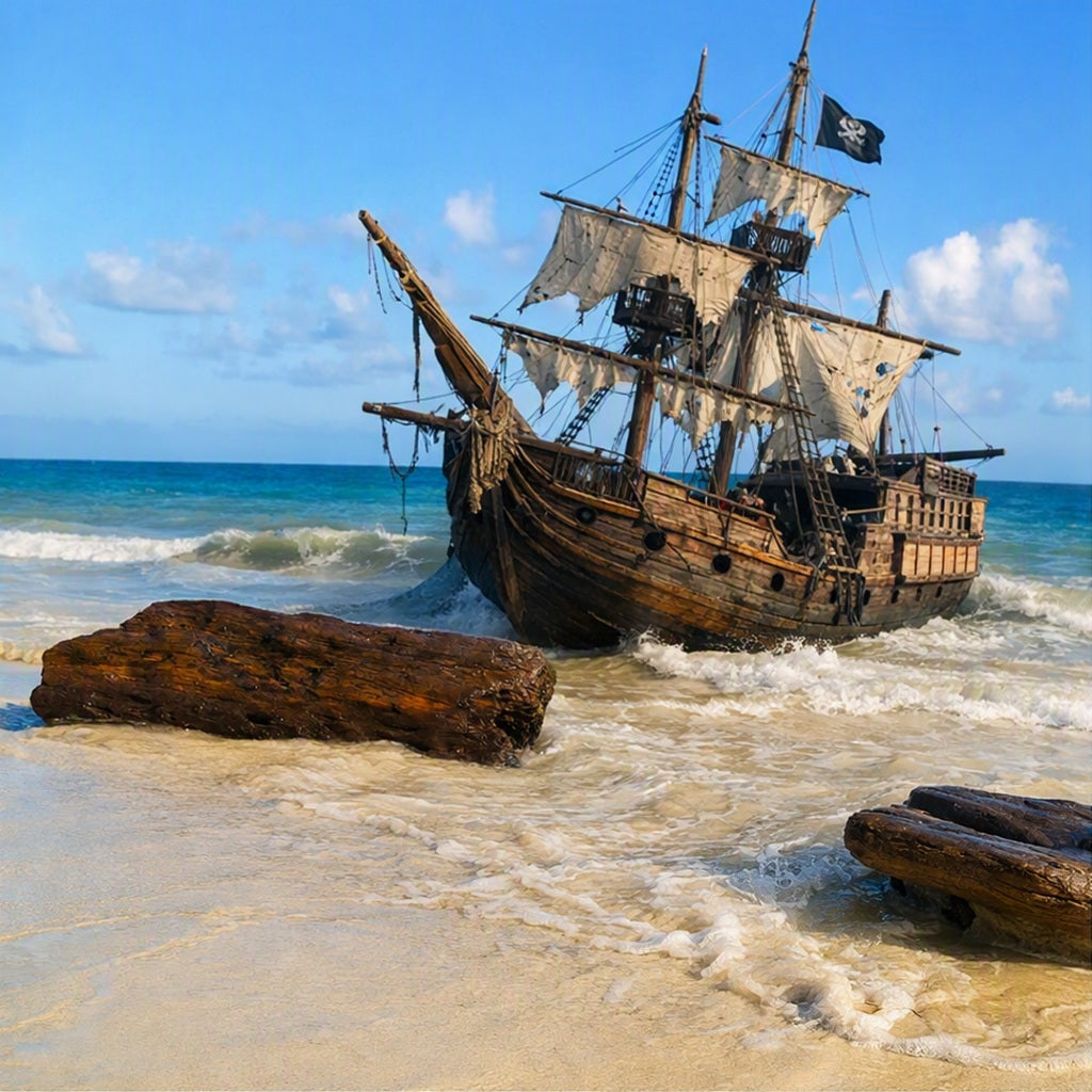 A pirate-style wooden sailing ship with tattered white sails rests on a sandy beach with a teakwood log in front as waves wash around it, with ocean water, blue sky, and a black pirate flag visible. Depicts the scent of Caribbean Teakwood Fragrance Oil