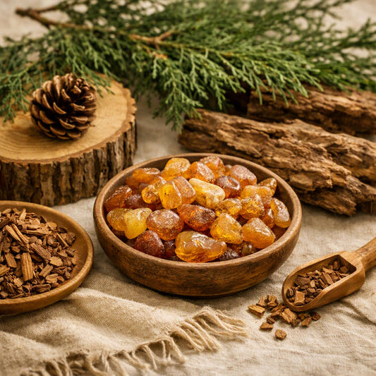 A wooden bowl filled with amber-colored resin pieces, styled with a small wooden spoon of bark pieces, another bowl of bark pieces, evergreen branches, a pinecone, and wood logs on a linen cloth. This smells like the Cedarwood Amber Fragrance Oil.