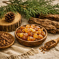 A wooden bowl filled with amber-colored resin pieces, styled with a small wooden spoon of bark pieces, another bowl of bark pieces, evergreen branches, a pinecone, and wood logs on a linen cloth. This smells like the Cedarwood Amber Fragrance Oil.