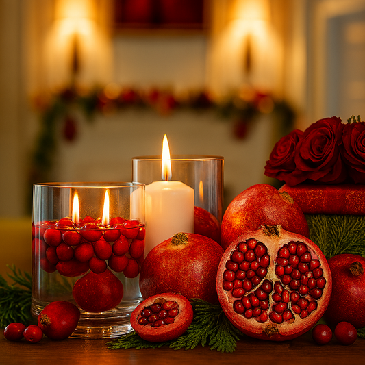 Lit glass candles with floating cranberries and water, surrounded by evergreen sprigs and a halved pomegranate; deep red roses rest on a festive gift box in the background. A warm, elegant holiday scene evoking the cozy, fruit-forward aroma of Cherished fragrance oil.