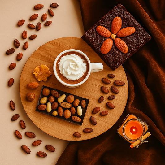 Flat lay featuring a mug of hot chocolate topped with whipped cream, Godiva chocolate truffles, a dark chocolate bar with assorted nuts, and a glowing amber candle, arranged on a round wooden board atop rich brown suede fabric with scattered cocoa beans — styled to evoke the warmth and richness of Chocolate Suede fragrance oil.