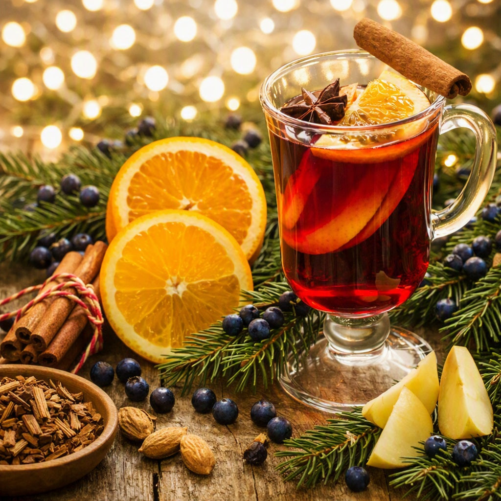 Christmas Splendor Fragrance Oil is represented by a hot toddy drink, cinnamon sticks, juniper berries and orange slices with a pine bough.