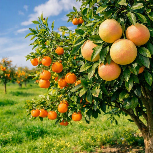 A close-up of a grapefruit tree laden with large, round yellow-orange fruits and green leaves in a sunny outdoor citrus grove.