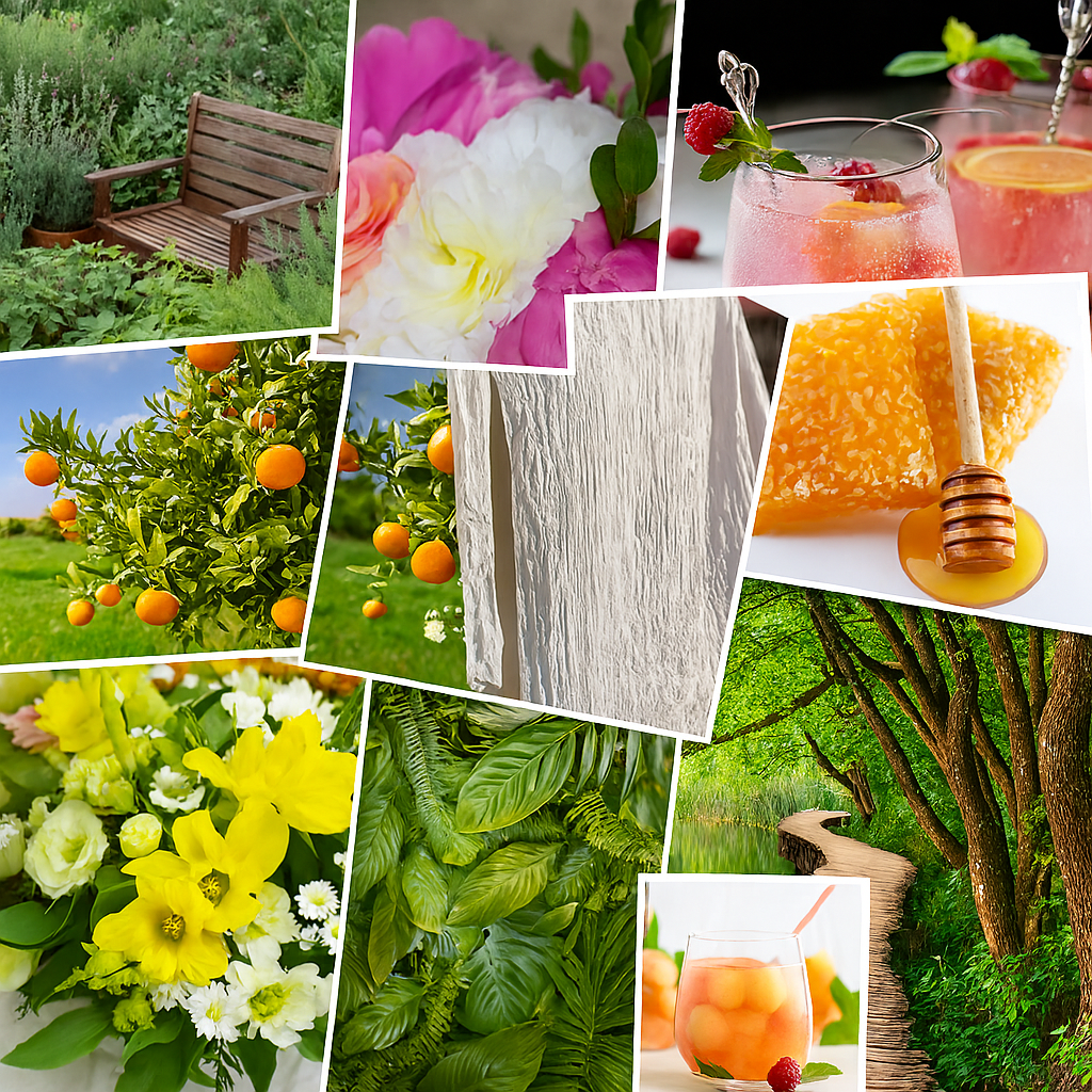 Overlapping collage of 10 nature-inspired images including a garden bench among herbs, a bouquet of pink and white peonies, honeycomb with a wooden dipper, an orange grove under blue skies, white linens drying on a clothesline, yellow daffodils and daisies, tropical green foliage, a forest boardwalk beside water, and two fruity beverages — one with melon balls and one with raspberries and lemon slices