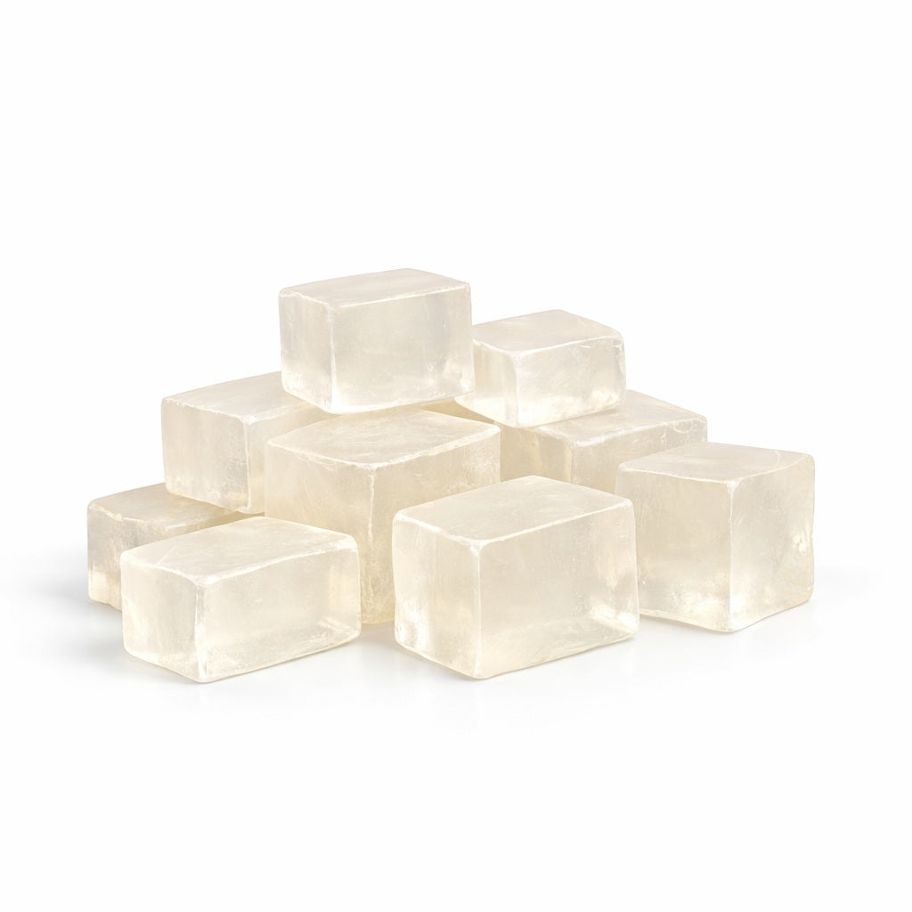 Set of nine white square chopped up clear soap base on a white background