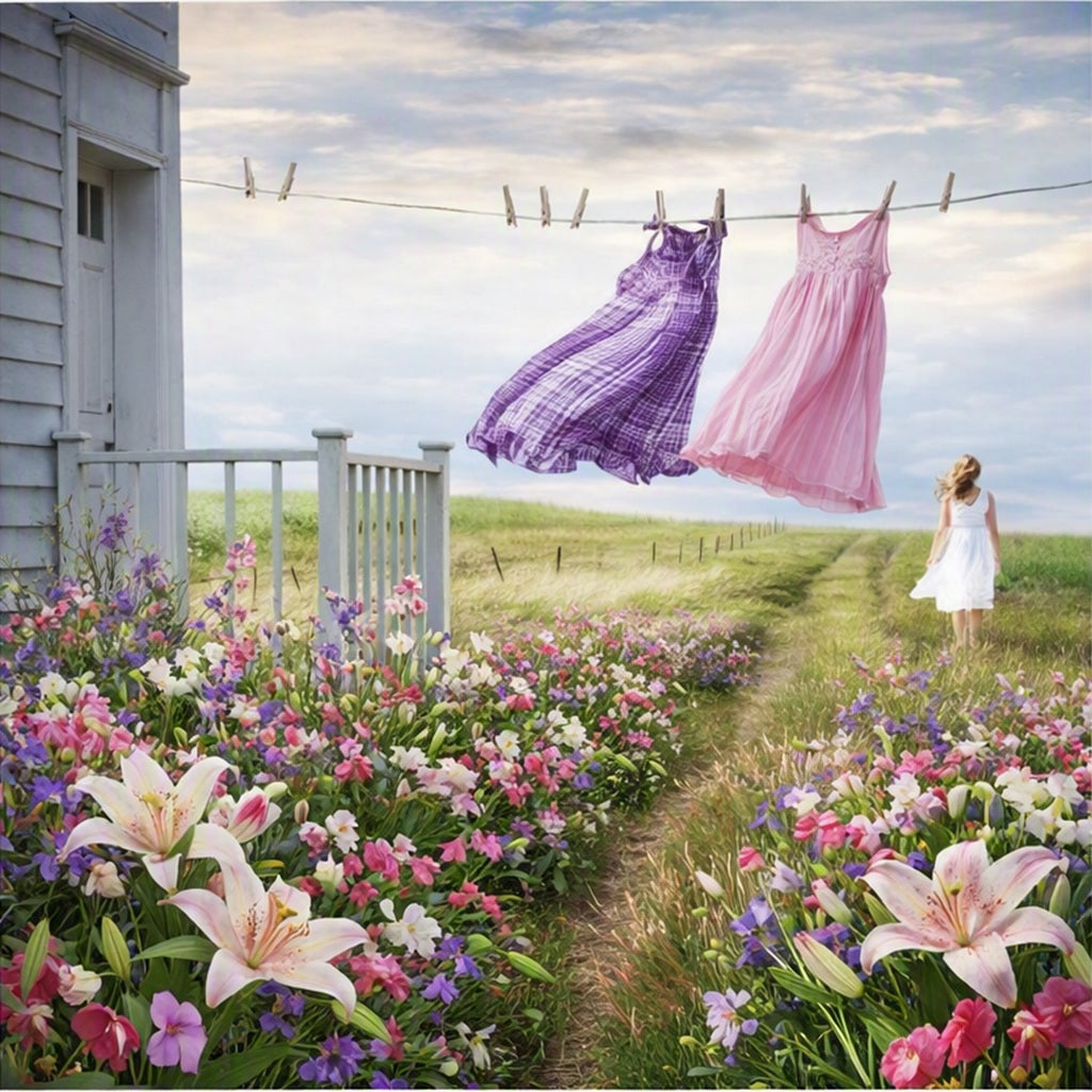 A woman in a white dress stands on a grassy path between flower beds, looking toward two flowing dresses hanging on a clothesline outside a white house. The scene is filled with pink, purple, and white flowers under a cloudy sky. Represent the fragrance oil Clothesline Fresh.