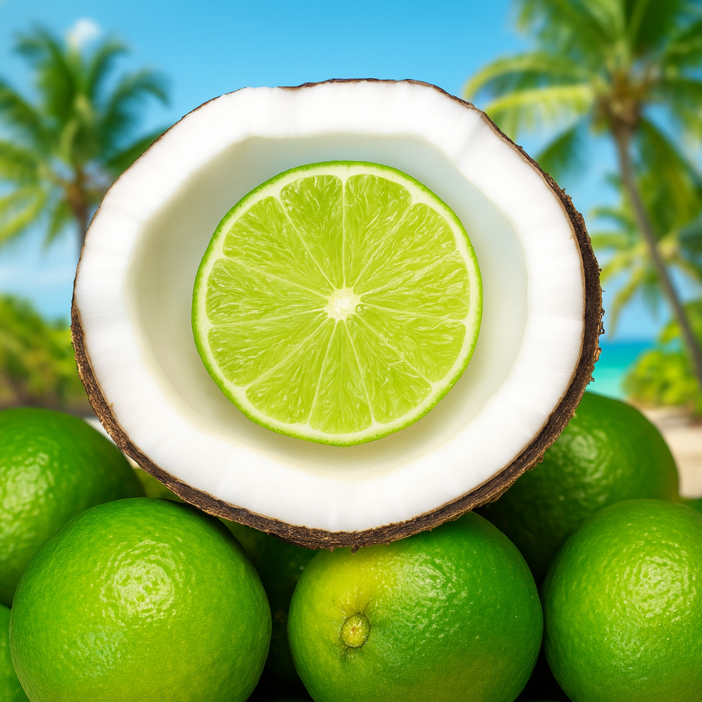 Halved coconut with a lime slice nestled inside, surrounded by fresh whole limes, set against a tropical beach background with palm trees and turquoise ocean — styled to evoke the bright, refreshing scent of Coco Lima Fragrance Oil