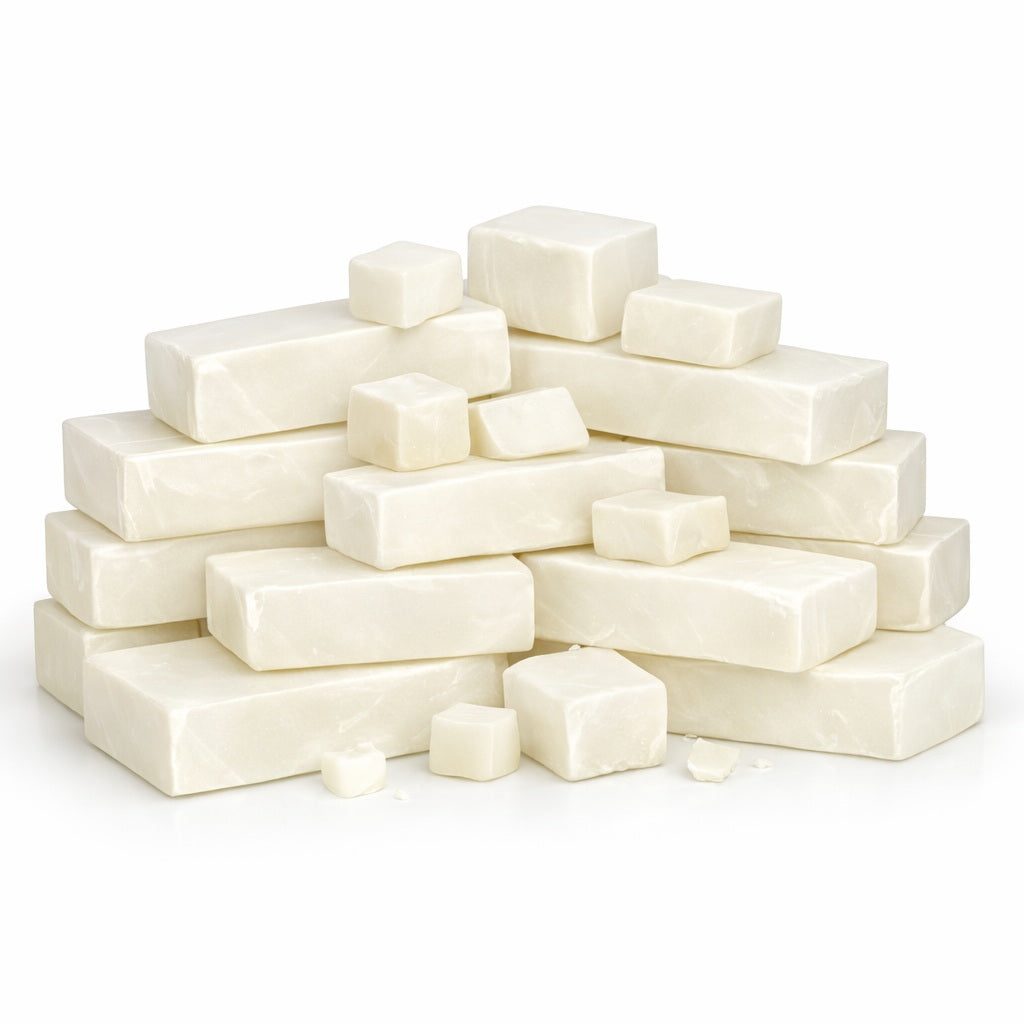 Creamy white cocoa‑butter melt and pour soap base pieces arranged on a white surface, including two larger rectangular blocks and three smaller hand‑cut cubes with a smooth matte texture.