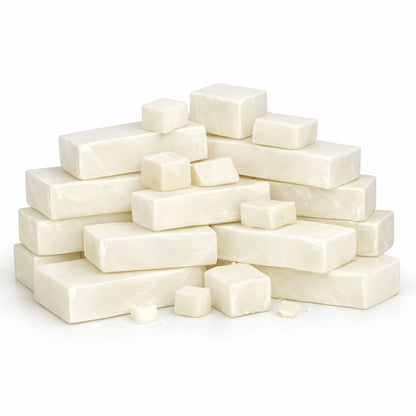 Creamy white cocoa‑butter melt and pour soap base pieces arranged on a white surface, including two larger rectangular blocks and three smaller hand‑cut cubes with a smooth matte texture.