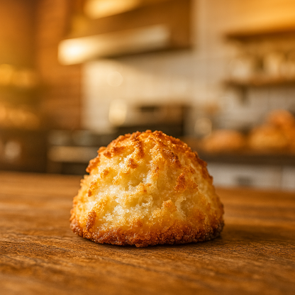 Golden-brown coconut macaroon on a rustic wooden counter in a warm bakery kitchen, evoking the fresh-baked aroma of Coconut Macaroon Fragrance Oil.