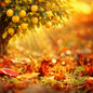 A golden apple tree in autumn with ripe yellow apples hanging from the branches, surrounded by fallen red and orange leaves on the ground under warm sunlight. Depicts the fragrance oil Crackling Autumn Harvest.