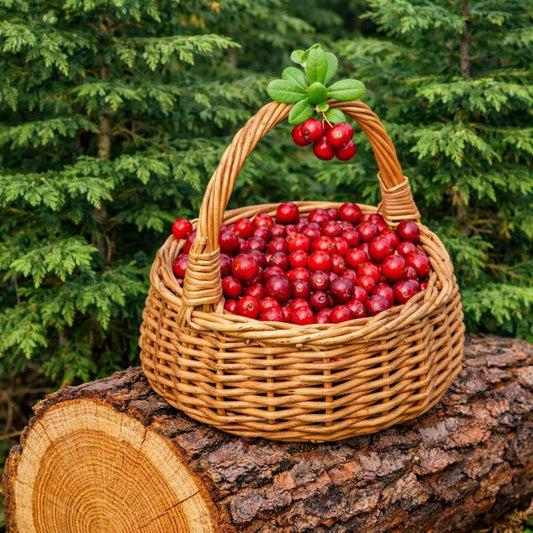 A woven wicker basket filled with bright red cranberries sits on a cut tree log outdoors, with green cedar evergreen foliage in the background. Gives the feel for cranberry woods fragrance oil.