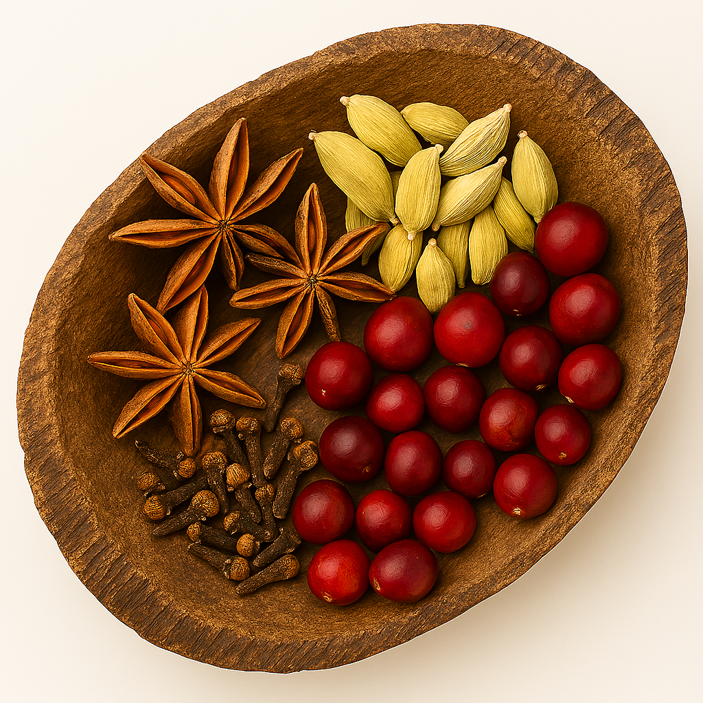 Oval hand-carved wooden bowl filled with deep red cranberries, green cardamom pods, star anise, and dark brown cloves — ingredients evoking the warm, spicy scent of Cranberry Cardamom & Clove Fragrance Oil.