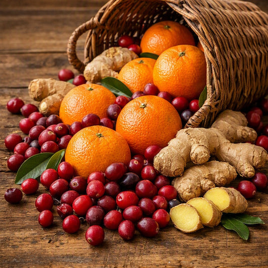 Fresh oranges, red cranberries, and ginger roots spilling from a woven wicker basket onto a rustic wooden tabletop. This gives the idea of the Cranberry Citrus Fragrance Oil
