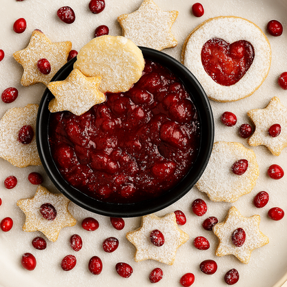 Overhead view of cranberry compote in a black bowl, surrounded by powdered sugar-dusted Linzer cookies and scattered whole cranberries, some resting on the cookies, all arranged on a textured off-white ceramic plate.