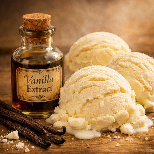 A small glass bottle labeled 'Vanilla Extract' with a cork stopper stands beside three scoops of vanilla ice cream on a wooden surface, with vanilla beans and a few sugar crystals in the foreground which depicts Creamy Vanilla Fragrance Oil