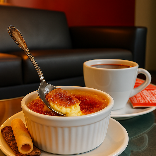 Crème brûlée with cracked sugar crust and latte on table in cozy café setting