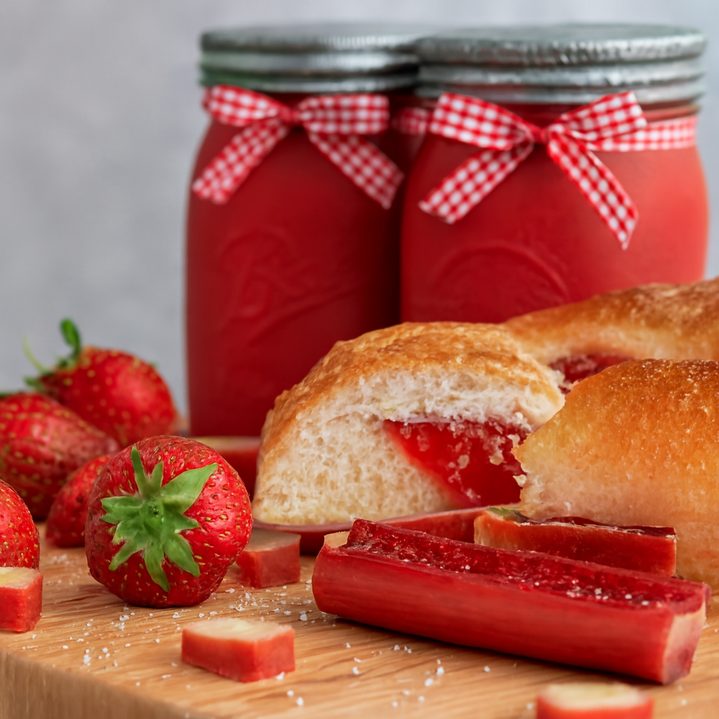 Crushed strawberries, rhubarb, jam-filled pastry, and red jars with galvanized flower reproduction lids and bows.