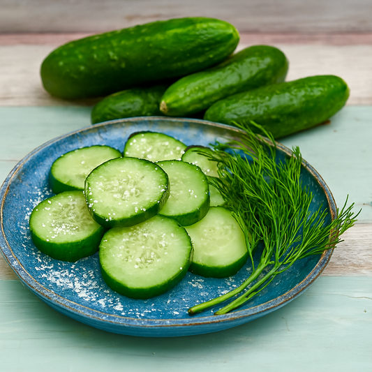 Salted cucumber slices with dill on blue pottery, whole cucumbers behind — Cucumber Chaos Fragrance Oil. 