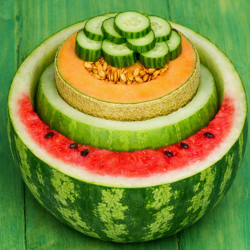 A decorative fruit bowl carved from a watermelon half, holding a sliced cantaloupe and topped with cucumber rounds, set on a green wooden surface to signify Cucumber Melon Northstar Fragrance Oil