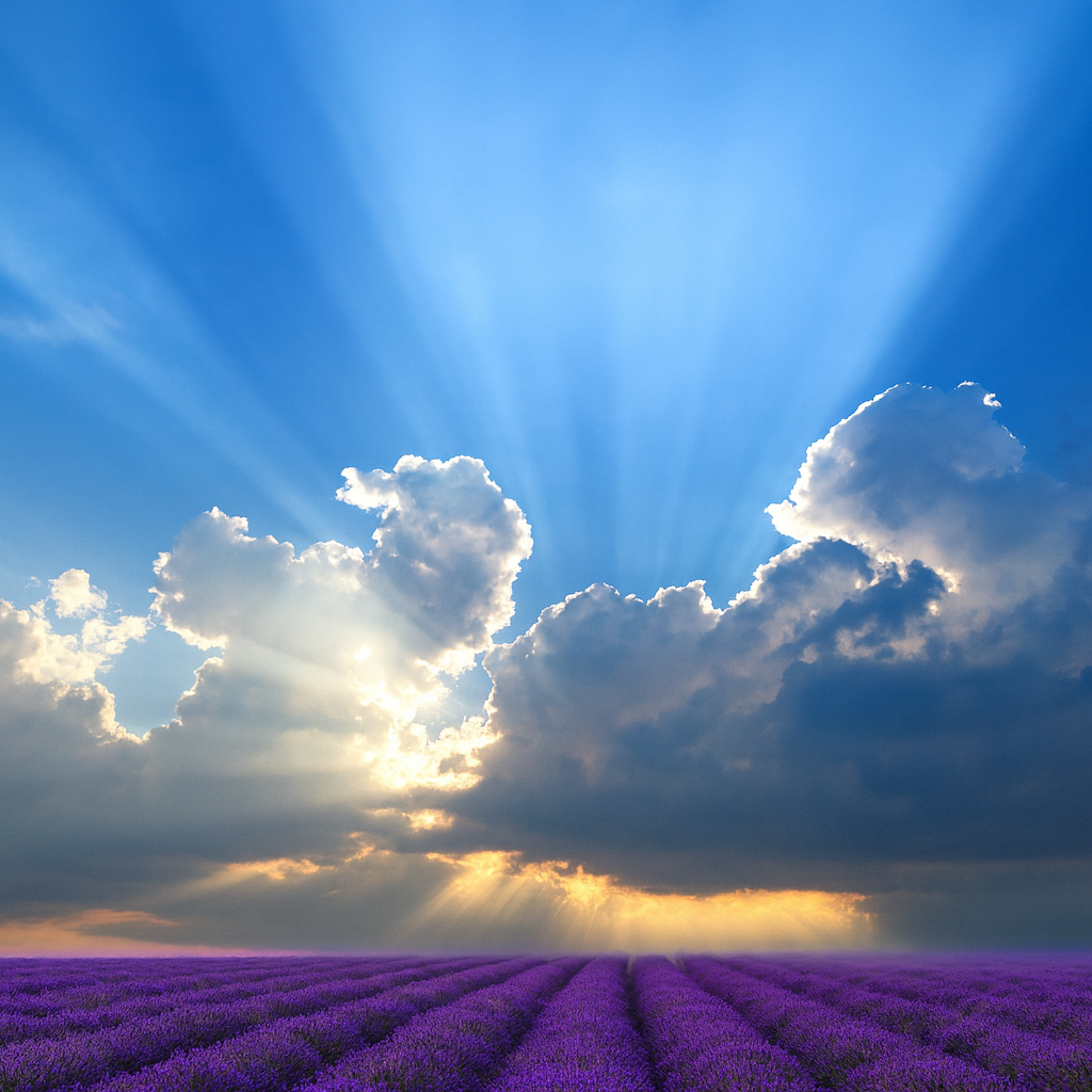 Soft clouds and golden sunbeams over a lavender field, representing the dreamy, uplifting scent of Daydream Believer Fragrance Oil. Ideal for candles and body products.