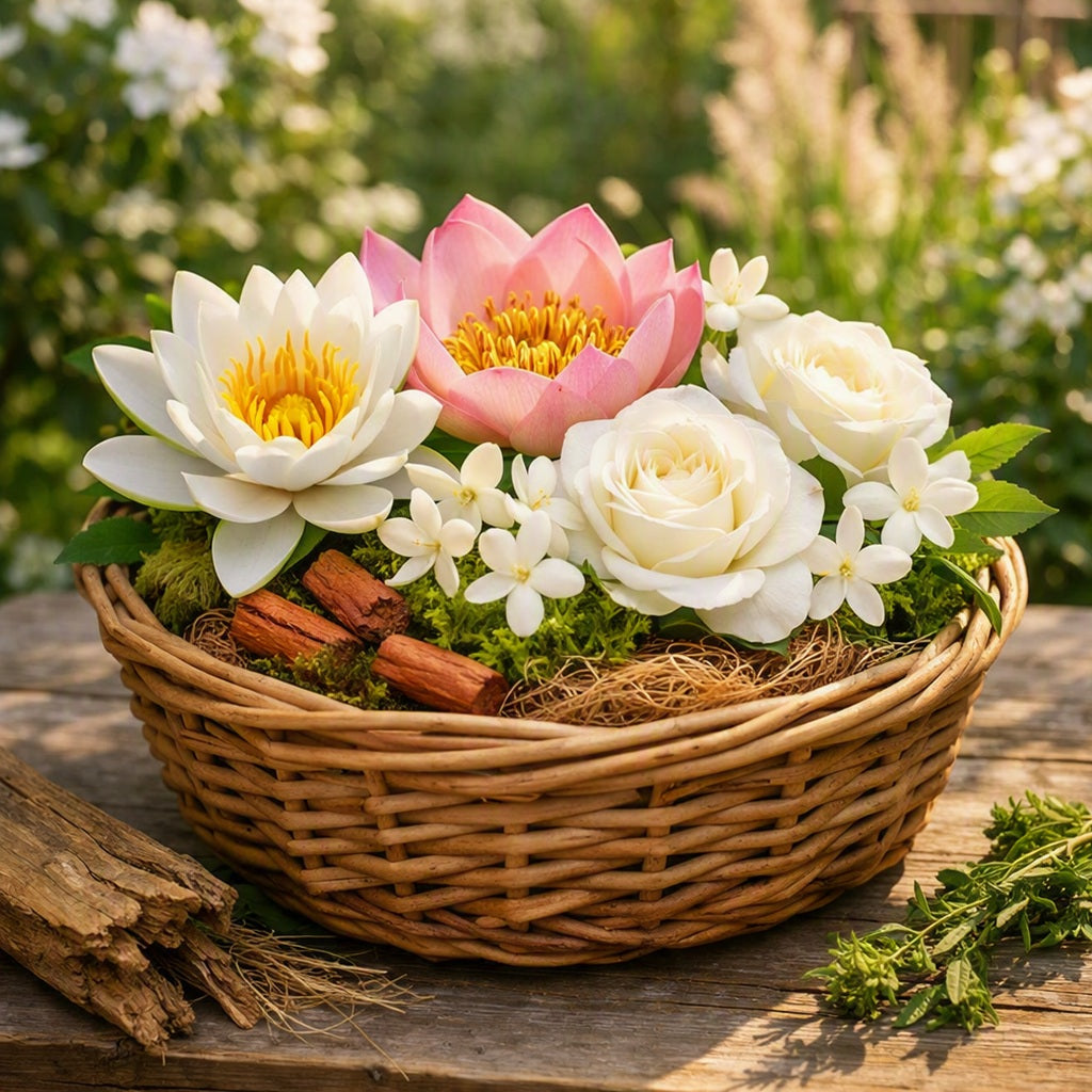 A wicker basket filled with artificial flowers, including white water lilies, a pink lotus, white roses, small white blossoms, green leaves, moss, cinnamon sticks, and dried twigs, set on a rustic wooden surface with a blurred garden background. To depict Daydream Bloom Clean Fragrance Oil