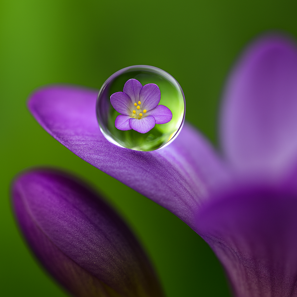 Perfectly round dewdrop resting on a purple freesia petal, symbolizing the fresh, delicate scent of Dewdrop Fragrance Oil.