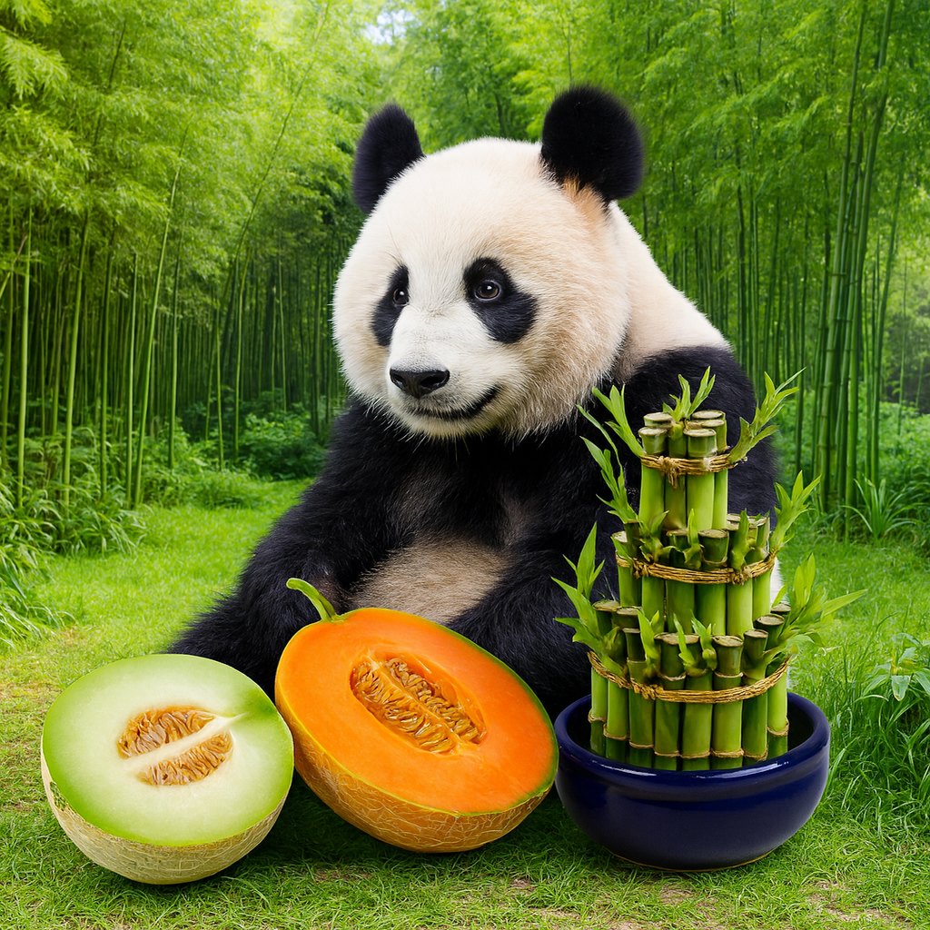 Giant panda sitting in a lush bamboo forest beside sliced melons and a tiered lucky bamboo arrangement in a blue ceramic pot representing Dewfruit and Bamboo Fragrance Oil.