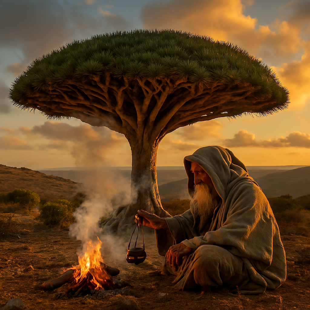 “Dragon’s Blood fragrance oil scene with shaman meditating by fire beneath Dragon Blood Tree at sunset, incense smoke rising in rugged landscape