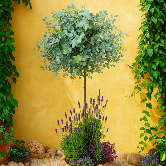Eucalyptus topiary with lavender and ivy in sunlit garden, evoking fresh botanical scent for fragrance oil
