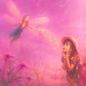Fairy sprinkling golden pixie dust over awestruck child in pink-orange magical field, whimsical fragrance oil scene