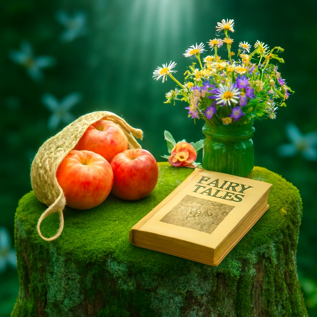 Mossy forest stump with apples, wildflowers in jar, and fairy‑tale book glowing in sunlight invokes the feel of Fairy tale bliss fragrance oil