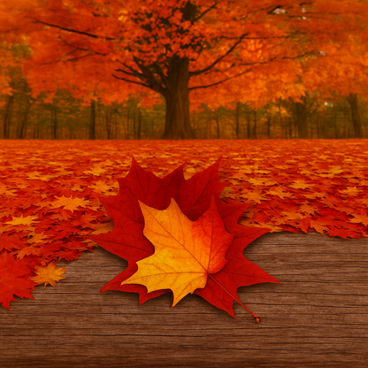 Two autumn maple leaves — one golden yellow, one deep red — resting on weathered wood beneath a stately maple tree, evoking the warmth and nostalgia of Fallen Leaf fragrance oil.