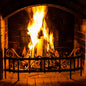 Roaring fire behind a fireplace grate with wood buring