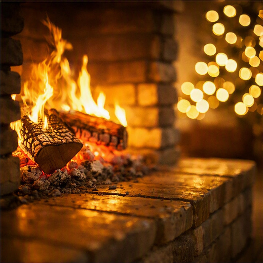 A warm fireplace scene with burning logs, glowing embers, and a brick hearth in the foreground, with soft golden lights blurred in the background to represent a Fireplace fragrance oil.