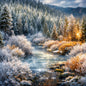 A winter forest landscape with a flowing river, snow-covered trees, frosty shrubs, and warm golden sunlight breaking through the woods. Represents First Snow Fragrance Oil.