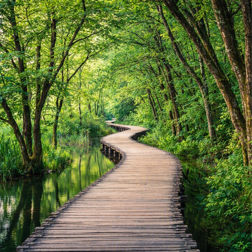 A wooden boardwalk path curves through a lush green forest beside calm water, with tall trees arching overhead representing Forest Escape Clean Fragrance Oil