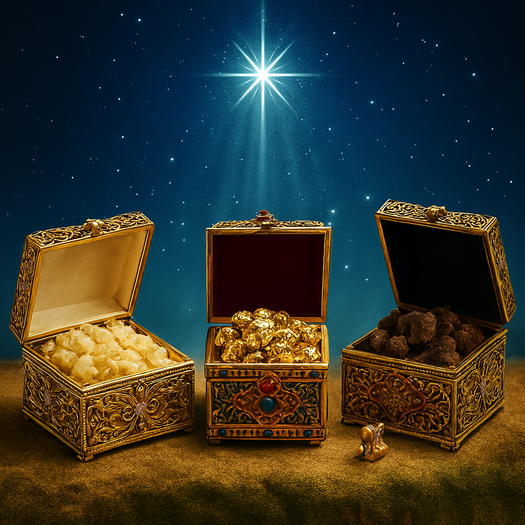 Three decorative boxes labeled Frankincense, Myrrh, and Gold representing fragrance oils under cool white light
