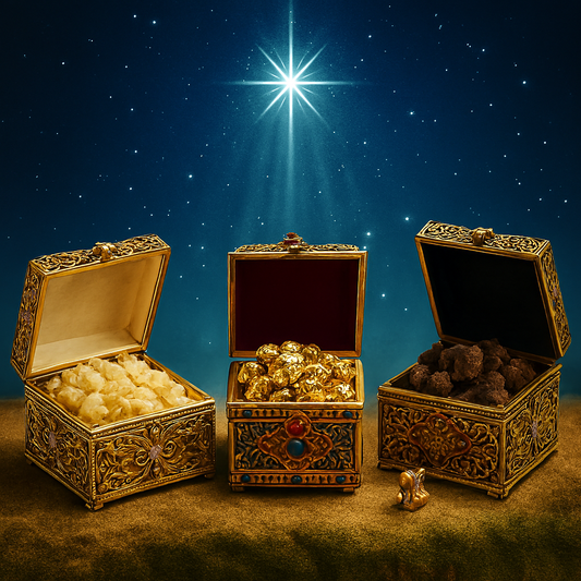 Three decorative boxes labeled Frankincense, Myrrh, and Gold representing fragrance oils under cool white light