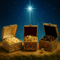 Three decorative boxes labeled Frankincense, Myrrh, and Gold representing fragrance oils under cool white light