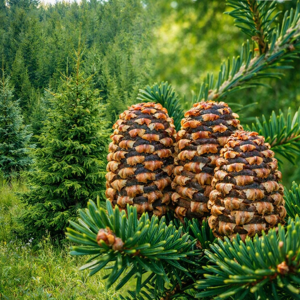 Three mature brown pine cones growing on a green Frasier fir tree branch, with a blurred forest background used to depict the smell of frasier fir fragrance oil.