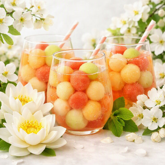 Three clear glasses filled with a colorful melon drink and pink striped straws, surrounded by white flowers and mint leaves on a light surface to look like Fresca Melonade fragrance oil smells.